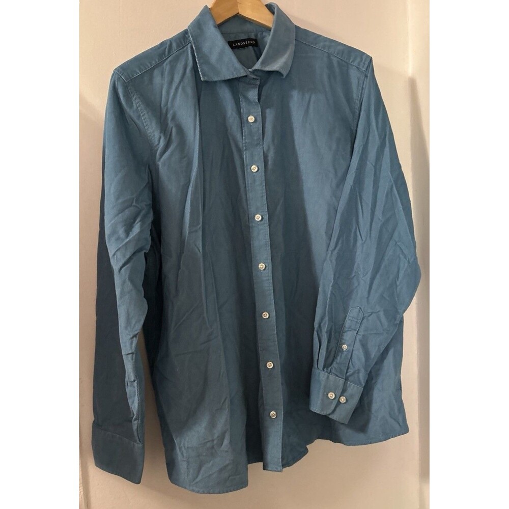 Lands End Mens Large Blue/ Turquoise Button Down Shirt Cotton Traditional Fit